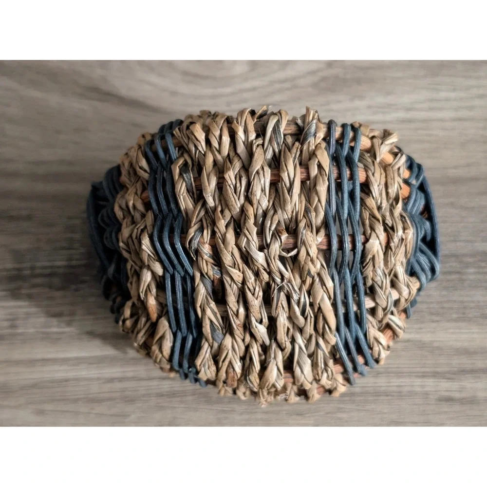 Vintage Miniature Woven Basket Blueish Green & Brown Seagrass Twig Handle Rustic